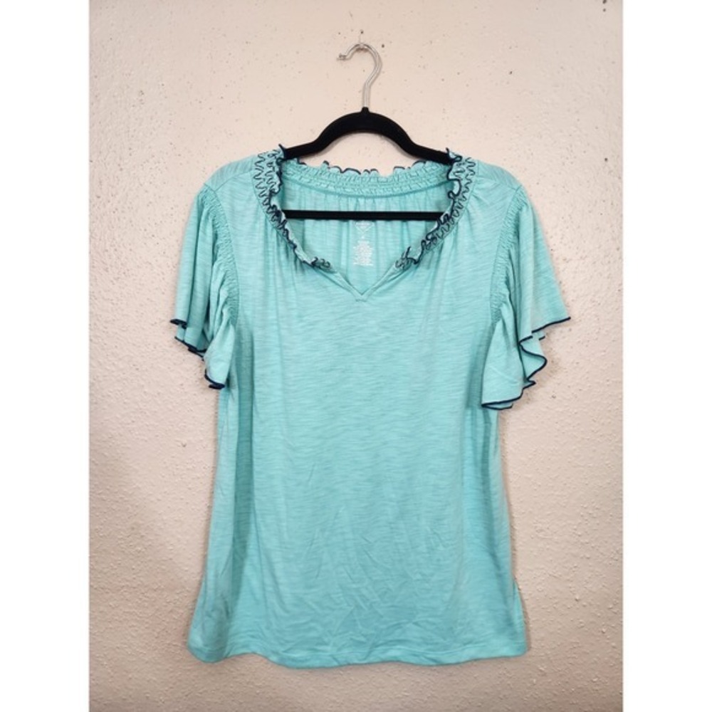 St. John's Bay Ruffle Top V-Neck Short Sleeve Blouse Casual Tee Green Blue M